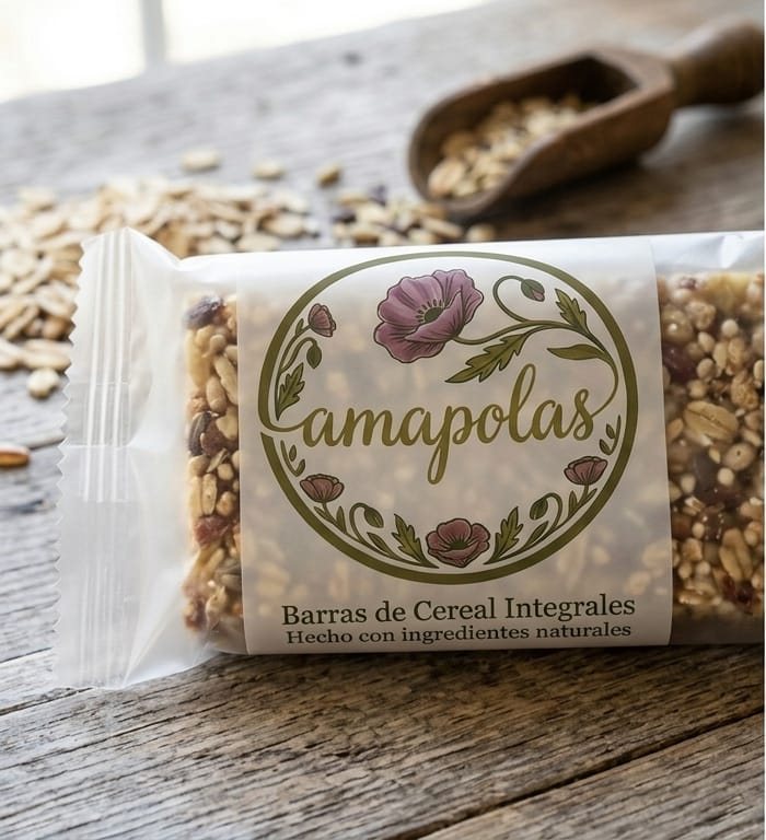 Barra de cereal integral en su envoltorio con el logo de Amapolas